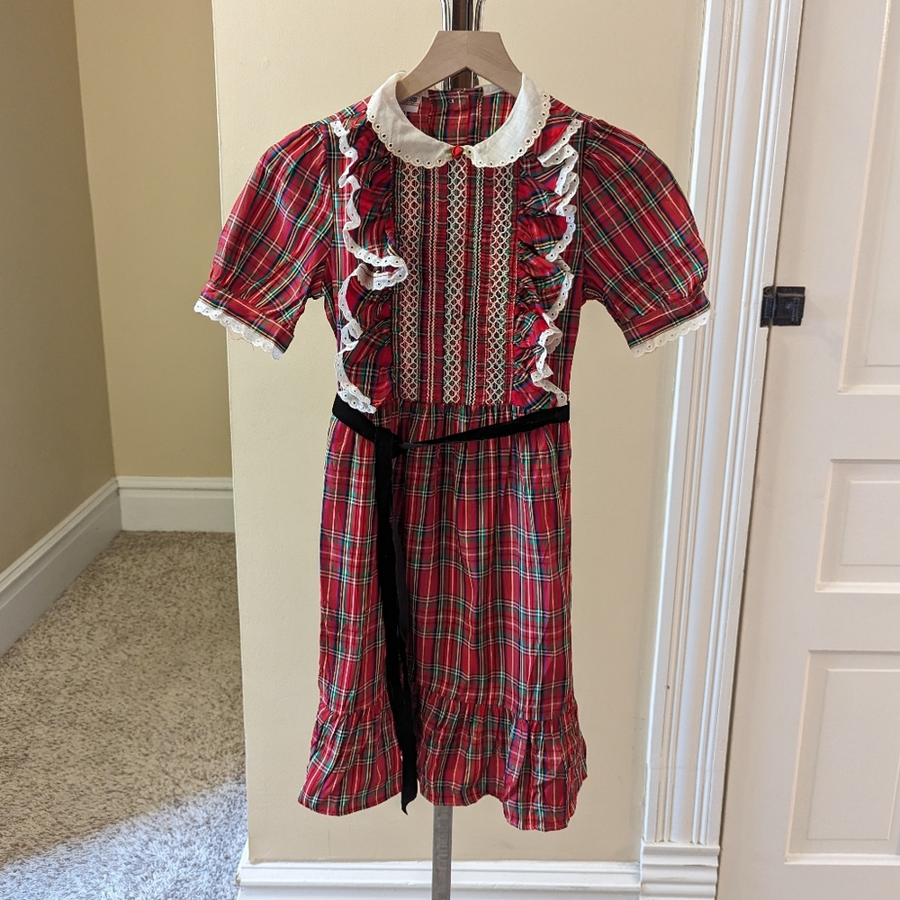 Vintage U.S. Dress red plaid dress with white eyelet trim union made size 12